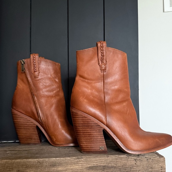 Sam Edelman Brown Leather Ankle Boots Block Heel Booties 8.5 Fall Vintage Style - Picture 1 of 10